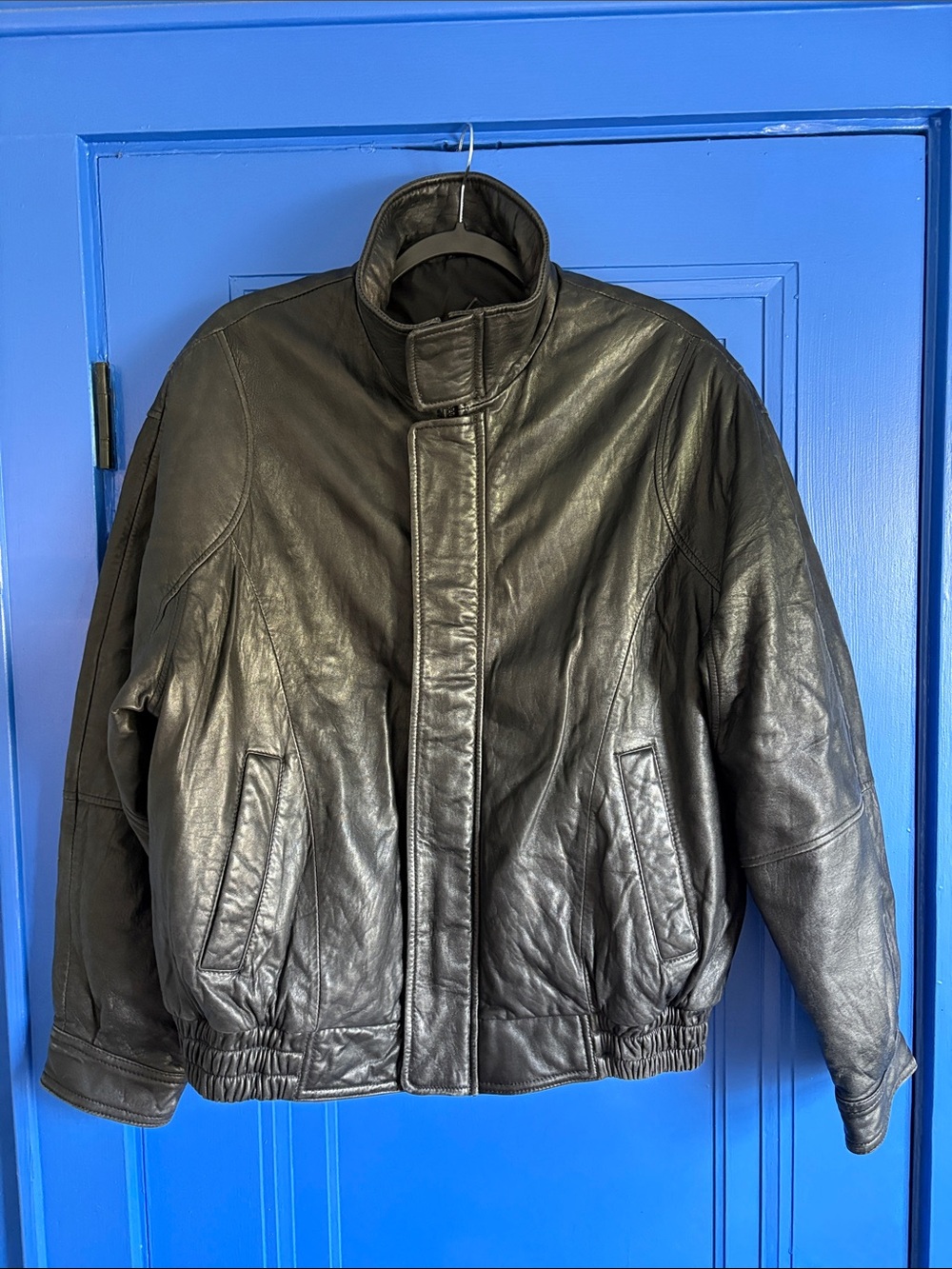 Men's Vintage Black Leather Bomber Jacket with Stand Collar